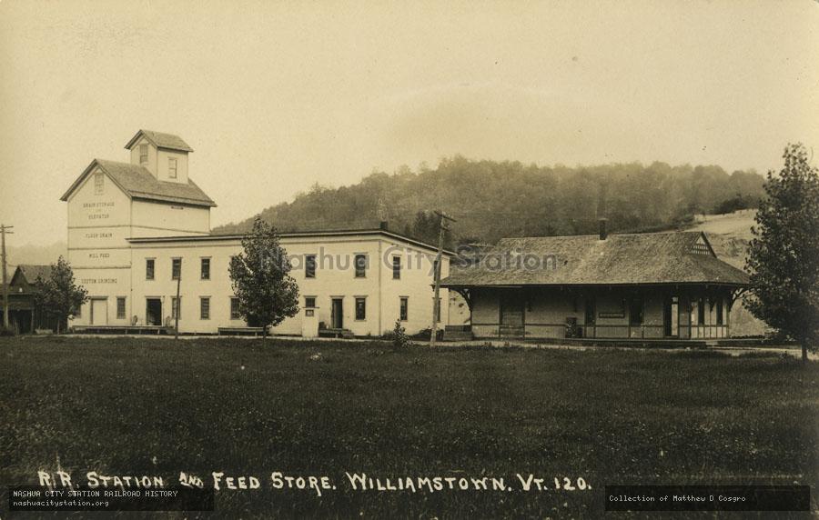 Postcard: Railroad Station and Feed Store, Williamstown, Vermont